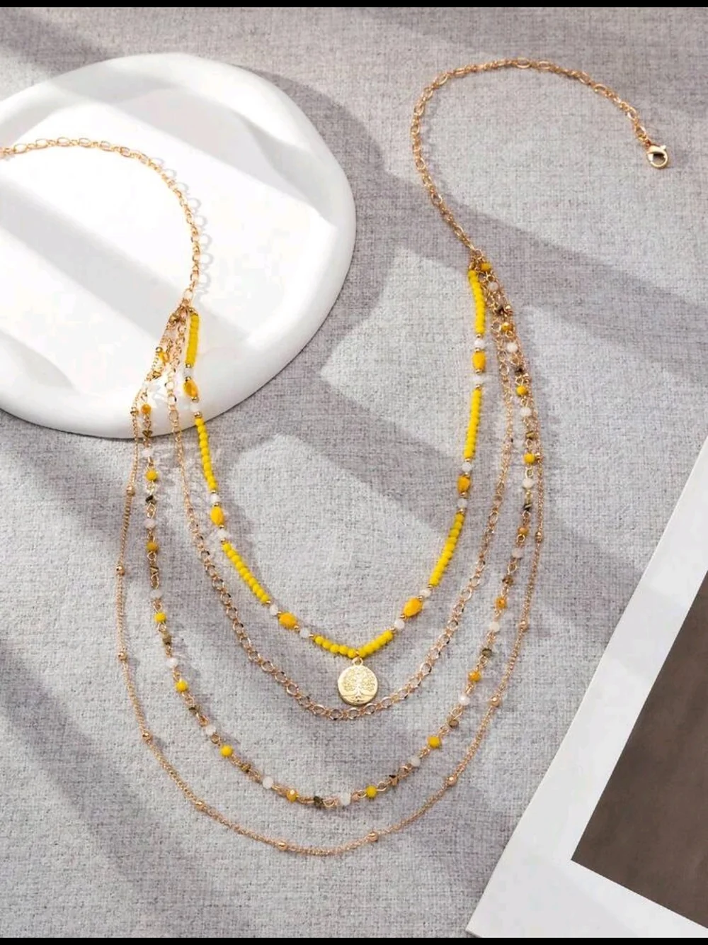 Gold Multi-Layer Necklace with Yellow Beads - Women Jewelry - Picture 2 of 4